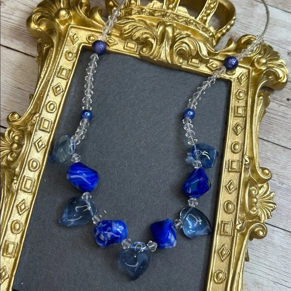 Blue Glass Hearts Beaded Necklace